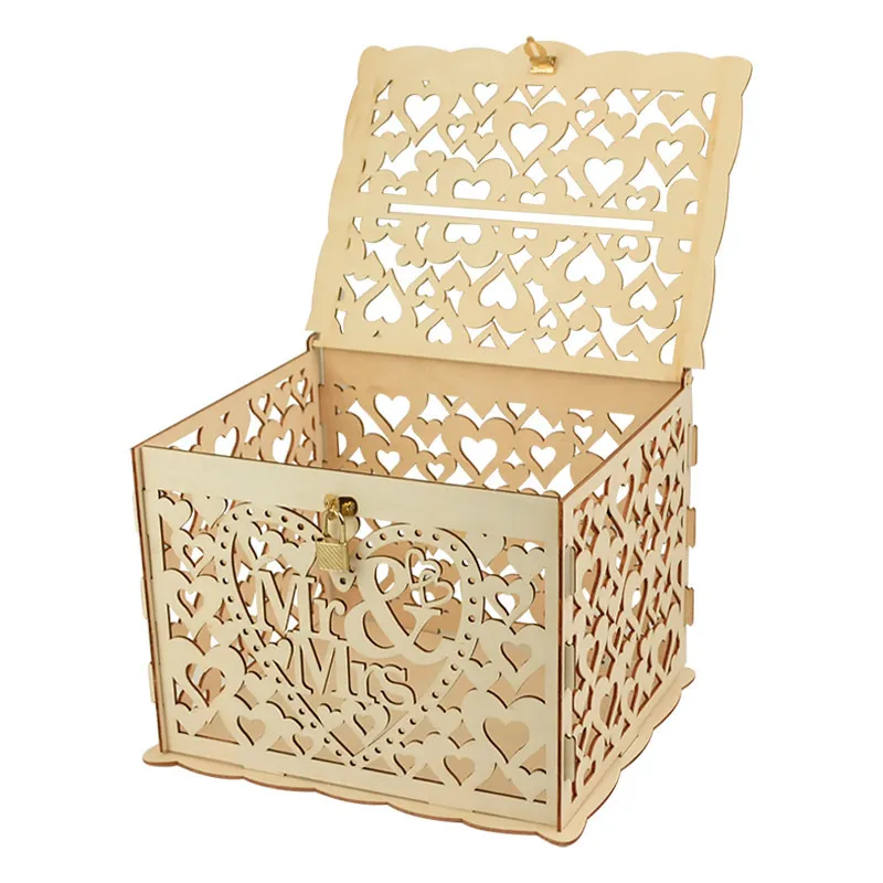 Other Festive Party Supplies Wooden Wedding Gifts Card Boxes With Lock Mr Mrs Couple Flower Pattern Envelope Sign Cards Wood Box DIY Rustic 220826
