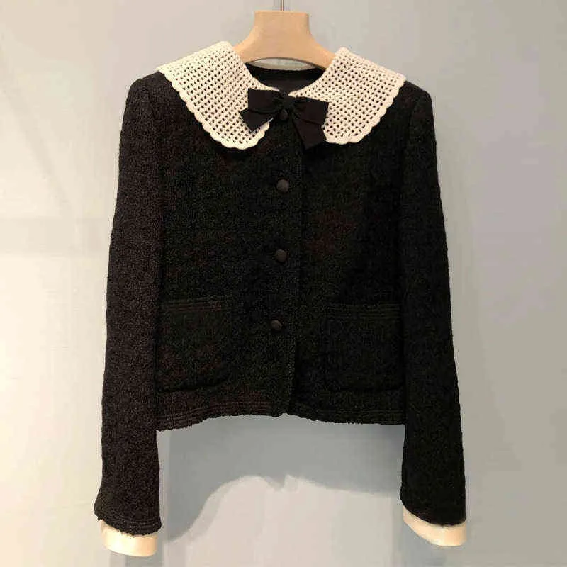 Schwarze Jacke mit Haken, Blumenmuster, Puppenkragen, Tweed-Strickjacke, Damenanzug, kleiner Mantel, neuer Stil im Herbst und Winter