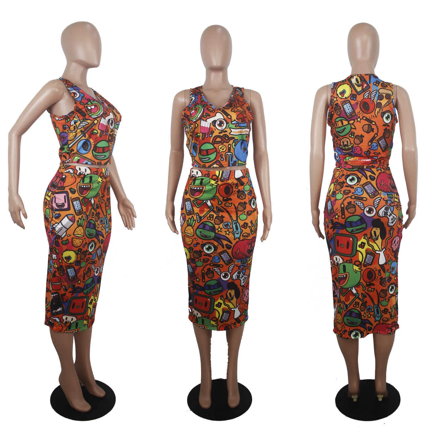 women's casual fashion cartoon printed V-neck ladies dresses two-piece set