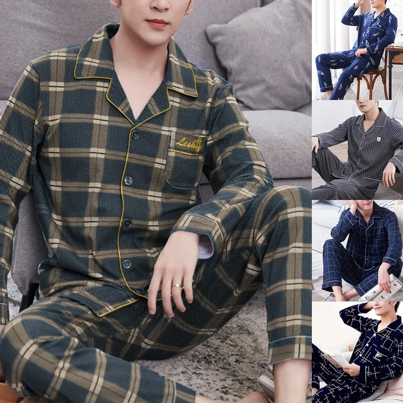 Mężczyźni S Pajama Sets Spring Summer Man Pajamas Zestaw Piżama prosta bawełna z długim rękawem dla mężczyzn