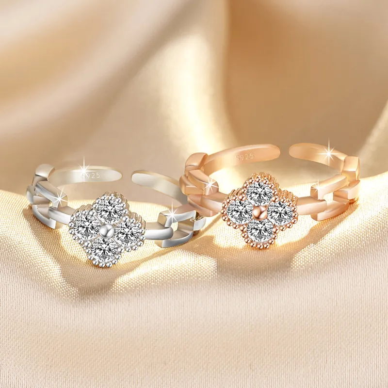 coreano dolce moda trifoglio anelli a fascia firmati le donne cz zircone cristallo brillante aperto argento oro rosa bling diamante anello d'amore 298f