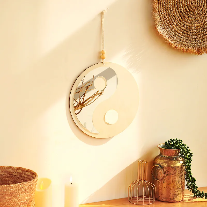 Yin & Yang Wooden Mirror Feng Shui Decoration Home Boho Wood Wall Decor Farmhouse Mirrors for Bedroom Living Room House Gift