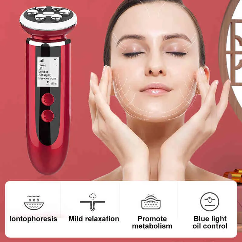 RF EMS LED Light Facial Massager Resserrement de la peau Mésothérapie + Épurateur à ultrasons Nettoyage du visage Peeling Machine Pore Cleaner 220516