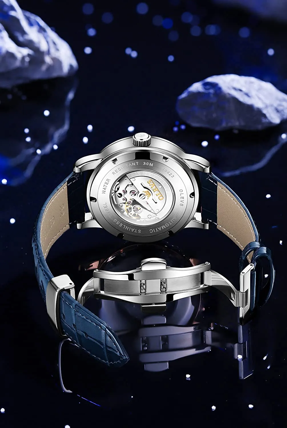 Men039s Sky Moon Watch自動機械式ブルーレザーラグジュアリードレス防水輝く腕時計8415257