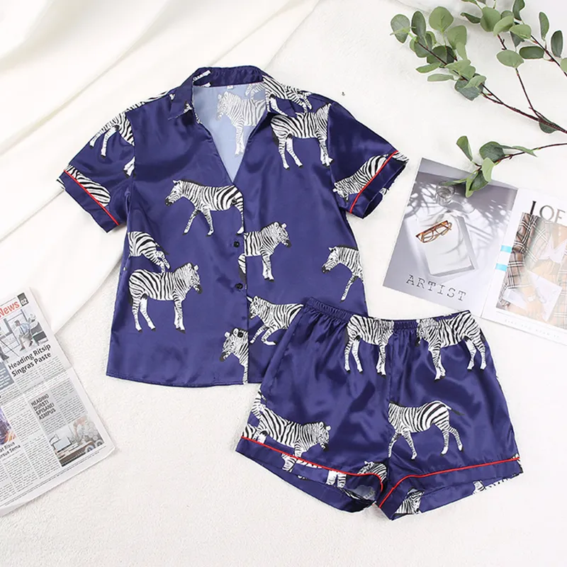 Hiloc Zebra Animal Print Nachtkleding Dames Pyjama Korte Mouwpakken met Shorts V-hals Nachtkleding Satijn Zijde Pyjama Fashion 220329