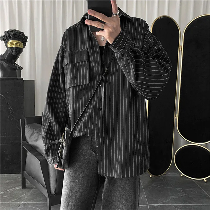 Gestreept Shirt Jas Mannen Dames Hong Kong Stijl Japanse Casual Oversize Trend Black Unisex Gothic Lange Mouwen Herfst Tops 220324