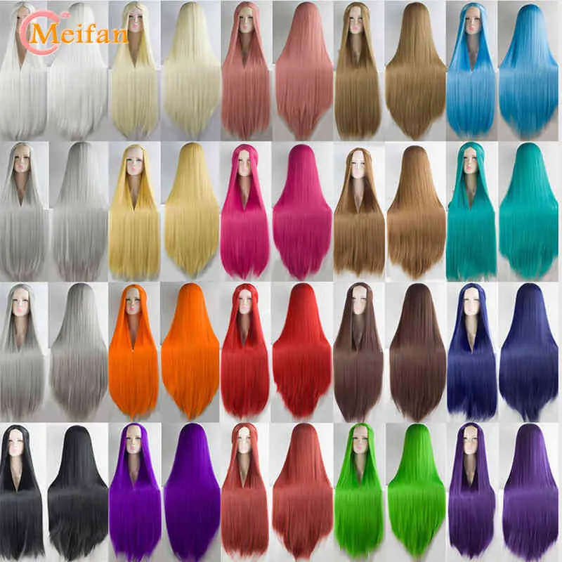 Meifan Synthetic Lolita Cosplay Wig Blonde Blue Red Pink Green Purple Hair for Party 100cm Long Straight Wigs Women 220622