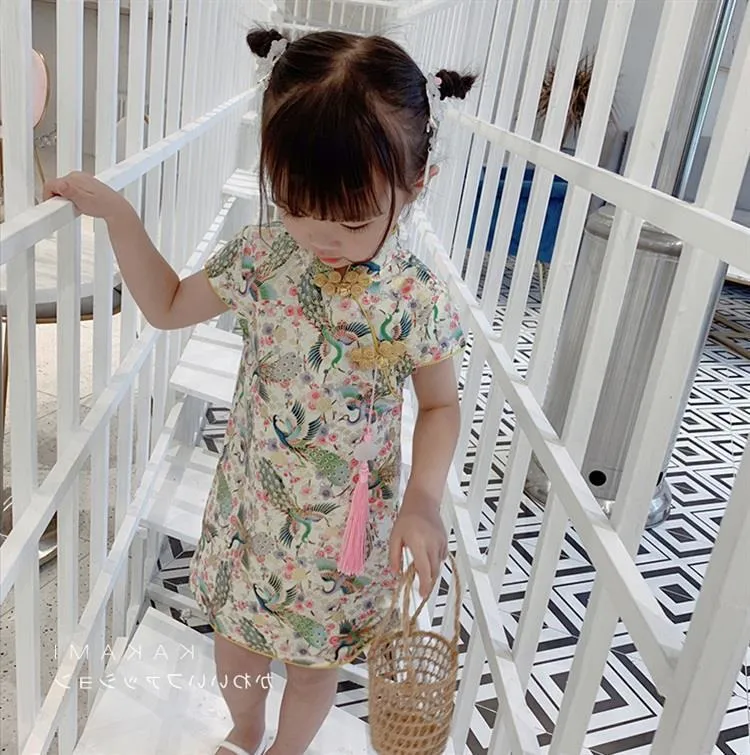 Chinese Cheongsam Princess Dress Baby Summer Girls For kids Clothes Short Sleeve Cotton Flowers Cute 220422