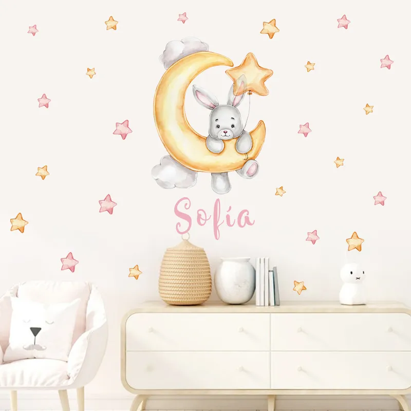 Cartoon Bär Mond Sterne Wolken Benutzerdefinierte Babynamen Aquarell Kinderzimmer Wandaufkleber Vinyl Wandtattoos Wandbild Kinderzimmer Home Decor 220613