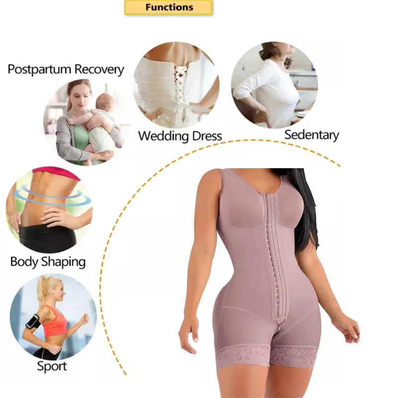 Fajas Colombianas Full Body Shaper Högkompression Shapewear gördel Med Broscher Byst För Postpartum Bantning Slida Mage 220512