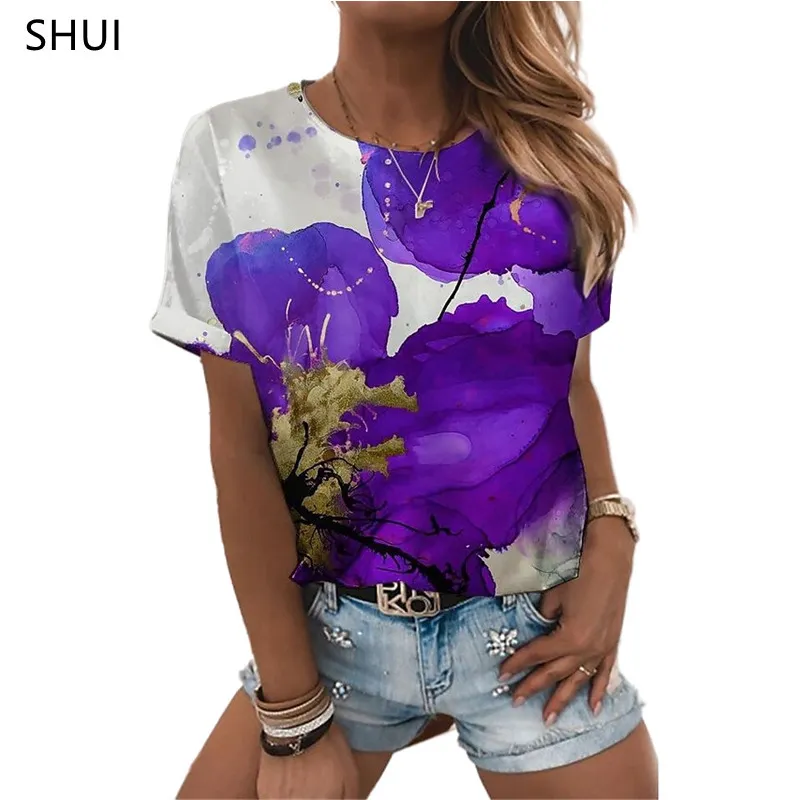 超自然的な女性S半袖Tシャツフラワー3D印刷夏のファッションルーズソフトラウンドネックトップレディースティー220628