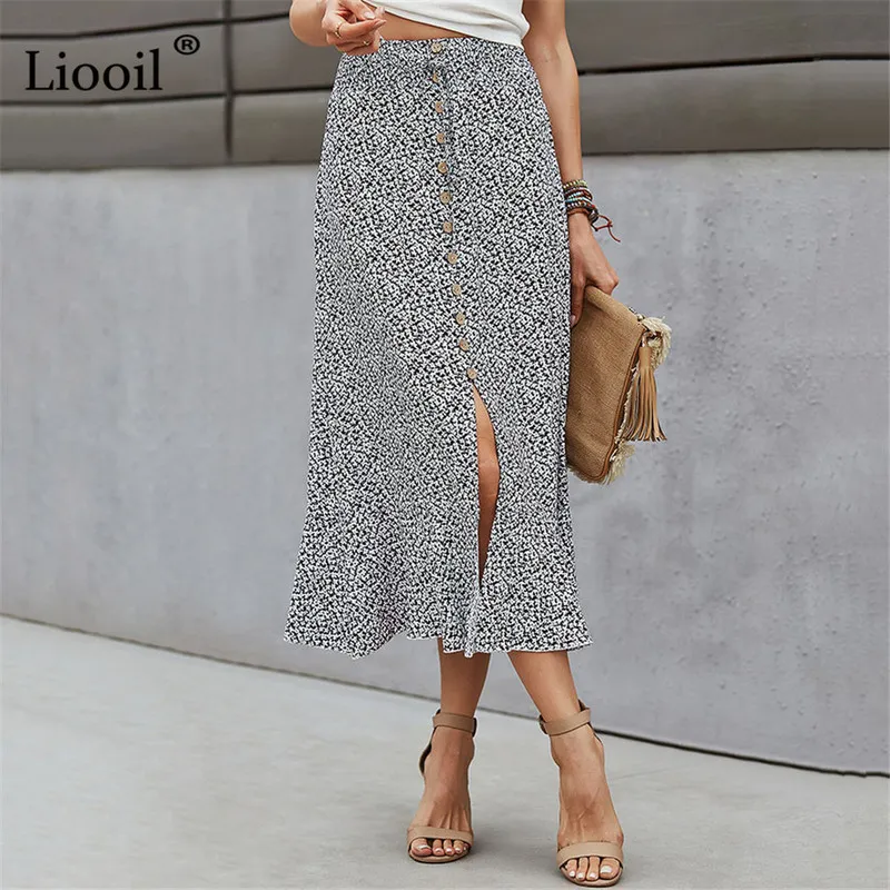 Liooil макси-юбка с разрезом и рюшами для женщин, женская повседневная юбка с цветочным принтом и пуговицами, элегантные длинные юбки для летних каникул 220521