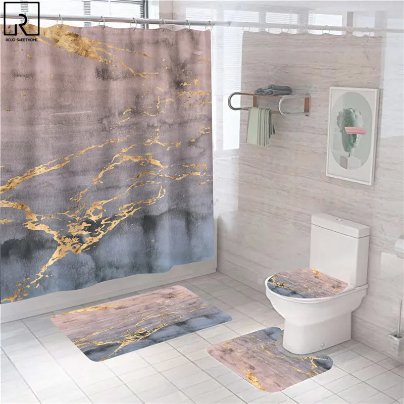 Pink Marble Shower Curtains Shiny Decor for Bathroom Polyester Fabric Decorative Bath Screen Toilet Cover Carpet WC Accessories 220517