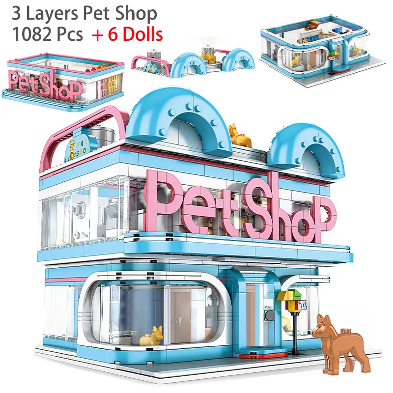 Three-layer Pet Shop Building Blocks City Street View Creative Cat Dog Care Shop DIY Figures Mini Bricks Children Toys Kids Gift 220624