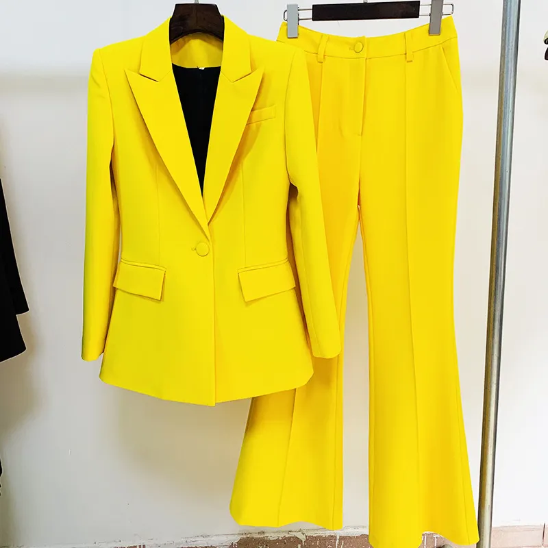 Blazer Pantsuits İki Parçalı Set Ofis Bayanlar Kadınlar Sarı Mor Iş Tek Düğmeler Flared + Resmi Suit 220315