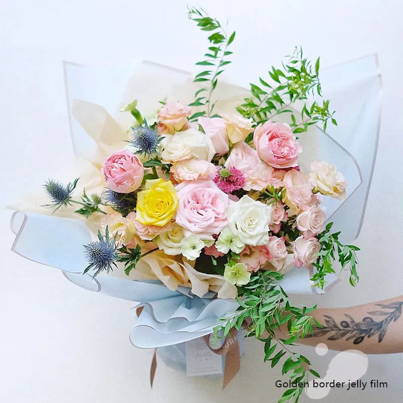20 шт./лот, оберточная бумага с золотой каймой и розой в корейском стиле, полупрозрачная подарочная упаковка, букет цветов для флориста 220610244s