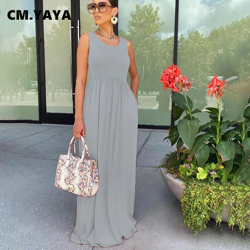CM.yaya Mulheres vestem vestidos de mangas sólidos e flare maxi vestidos maxi moda casual highwear roupas de verão 220516