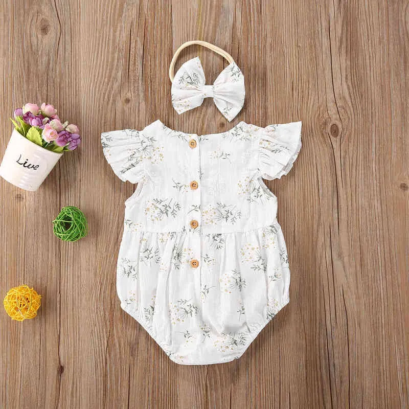 Småbarn barn baby flicka floral sommar bodysuit kort ärm o-hals bodysuit bowknot pannband soldräkt kläder g220521