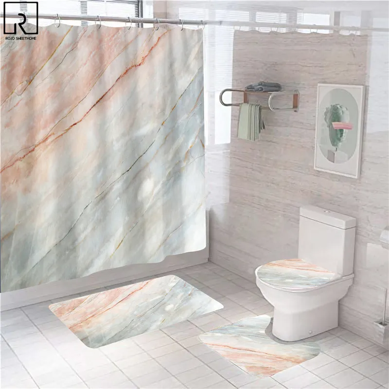 Pink Marble Shower Curtains Shiny Decor for Bathroom Polyester Fabric Decorative Bath Screen Toilet Cover Carpet WC Accessories 220517