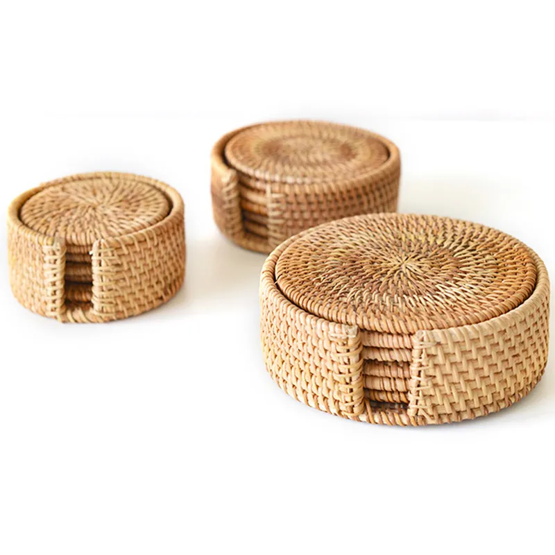 6 st Woven Rattan Coasters Placemats Set Handgjord isolering Rundhållare med förvaringsbord Padding Cup Mats för heminredning