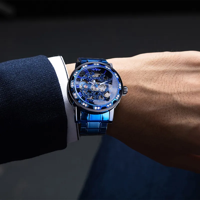 Winner Orologio meccanico con diamanti trasparenti Orologio scheletrato in acciaio inossidabile blu Top Brand Luxury Business Luminoso orologio maschile 220618