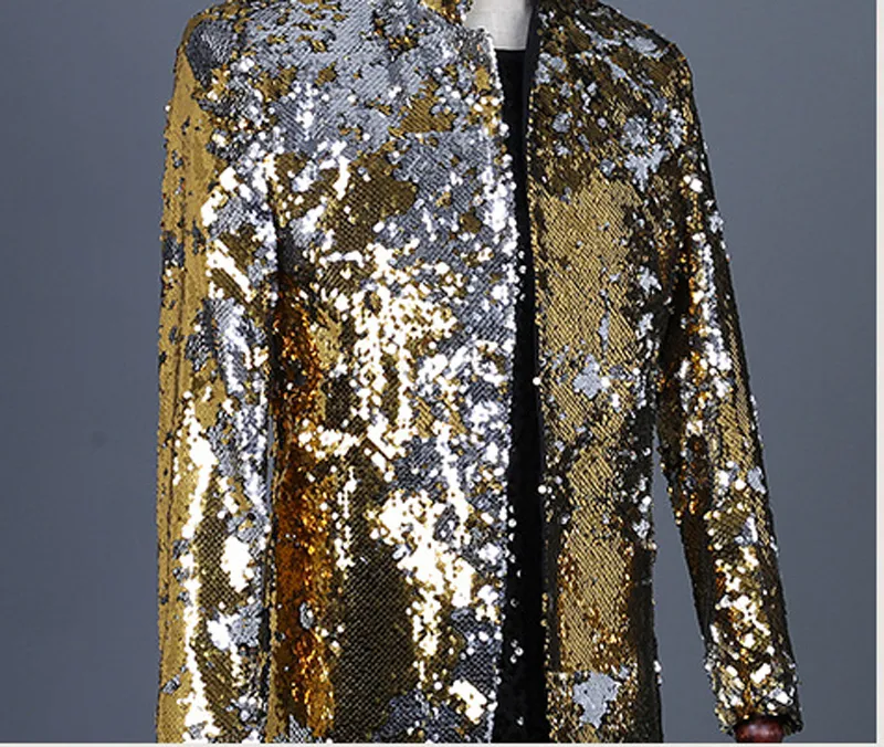 Shiny Gold Sequin Glitter Lange Blazer Jas Mannen Stand Kraag Slim Fit Smoking Pak Blazers Heren Party Prom Stadium kleding Mannelijke 220815