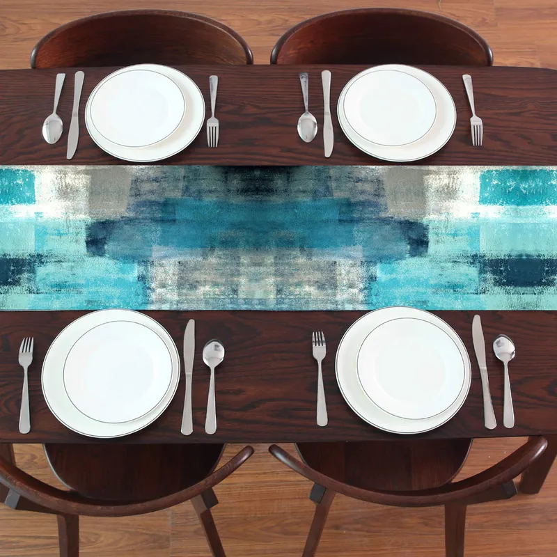 Modern Art Table Runner Farmhouse Style Double Layer Teal Table Runners for Kitchen Dinner Tablecloth Placemat Decor 220728