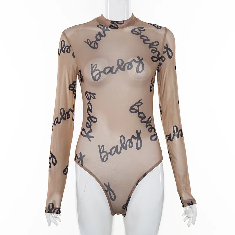 Été Sexy lettre imprimer Transparent maille body à manches longues voir à travers bébé moulante barboteuses femmes combinaisons 220801