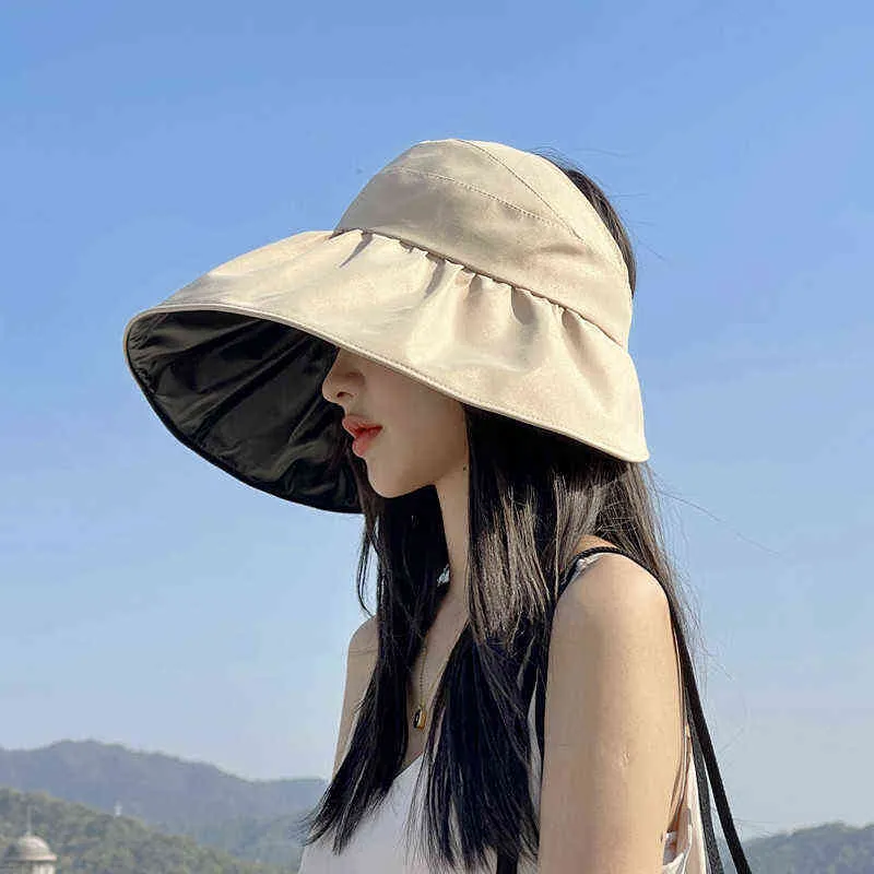 Été grand bord pêche chapeau femmes haut vide chapeau de soleil colle noire revêtement extérieur Protection UV pliable chapeau de soleil G220301