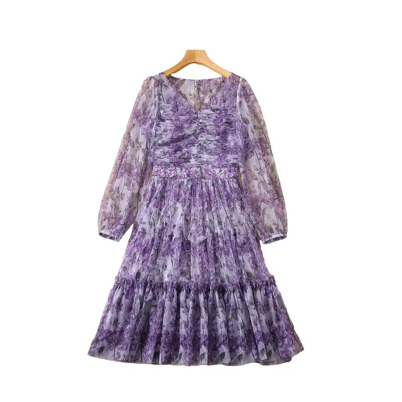 2022 Autumn V Neck Sheer Tulle Floral Dress Romantic Purple Long Sleeve Ruched Knee-Length Dresses 22G210040