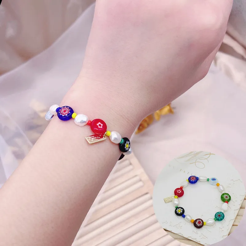 Koreansk stil dongdaemun samma blomma glas sötvatten pärla sträng armband elastisk sträng pärlband armband färg för kvinnor