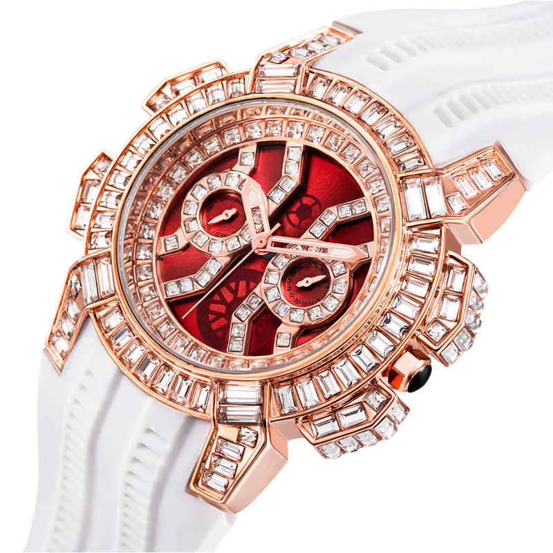 New Hip Hop Watches Men Luxury Brand Epic X Series Rose Gold Baguette Diamond AAA White Rubber Chrono Red Male Watch
