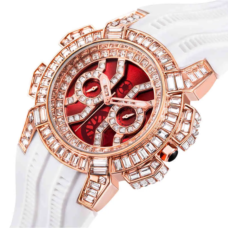 NIEUWE HIP HOP HOORDEN MEN MENS LUXury Brand Epic X Series Rose Gold Baguette Diamond AAA White Rubber Chrono Red Male Watch