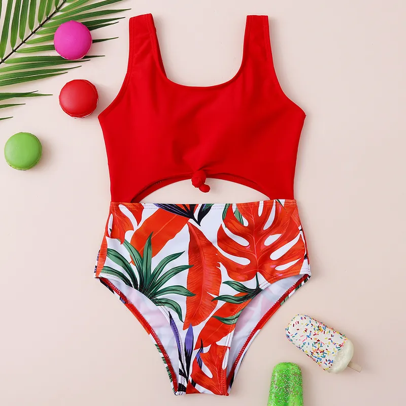 Tropical Girl Swimsuit Kids Children's Swimwear Cut-Out Knot Girls Bathing Suit Monokini 7-14 Years Swimming Bodysuit 220426