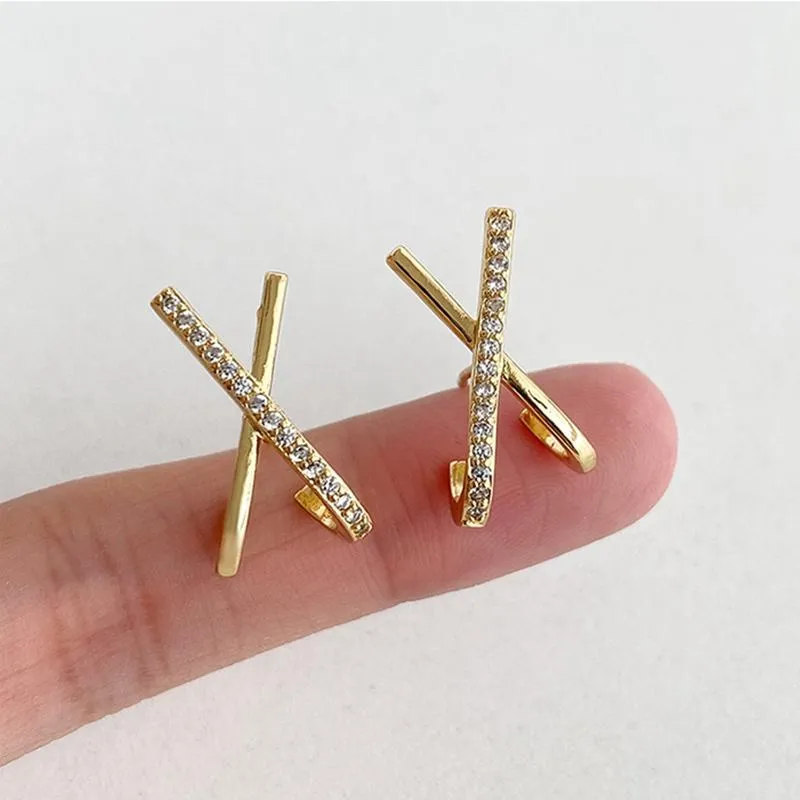 Stud MENGJIQIAO Koreanische Mode Design Metall Kreuz X-förmigen Gold Farbe Ohrringe Für Frauen Zarte Zirkon Pendientes Schmuck Moni22246f