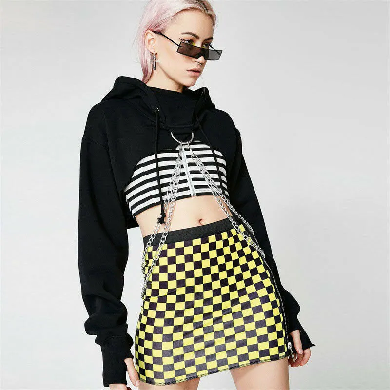 Women's Sexy Gothic Plaid Crop Top Hoodies Chain Long Sleeve Jumper Hooded Pullover Casual Sweatshirt Streetwear 220804