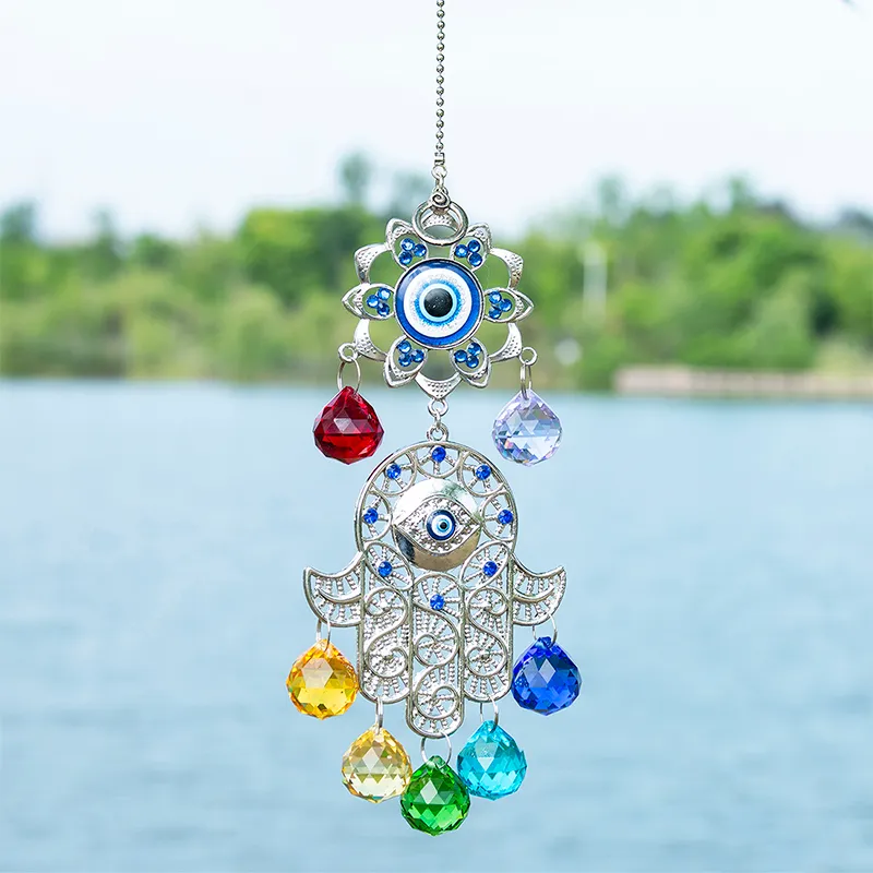 HDチャクラエネルギークリスタルボールSunCatcher Hamsa Fatimaトルコの青い邪眼の手植物園の装飾ラッキーギフト220407