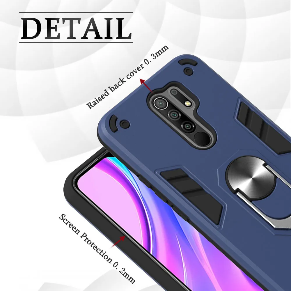 Shockside Armor Fodral för Xiaomi RedMi 9 9A 9C Magnetisk metallring Support Mjuk TPU-ram Hård PC Back skyddskåpa