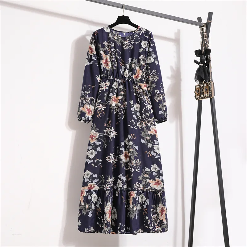 Frühling Frauen Maxi Kleider Casual Volle Hülse Floral Gedruckt Oansatz Frau Bohe Strand Party Lange Kleid Mujer Vestidos Drop 220510