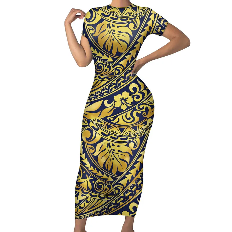 Groothandelsprijs op maat ontwerp Polynesische tribale blauwe achtergrond met monsterablad dames zomer strakke retro-stijl jurk 220706