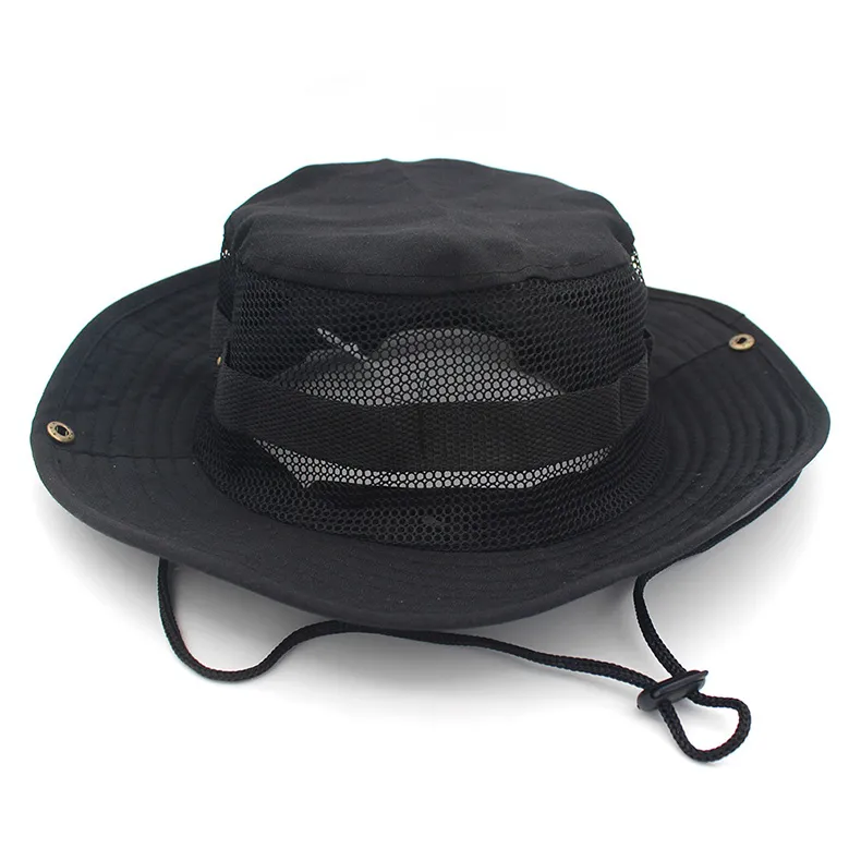 Camo Boonie Wide Brim Hats com malha para homens Mulheres Militares Tactical Wides Brims Chapéus Bucket Jungle Cap para pescar Safari