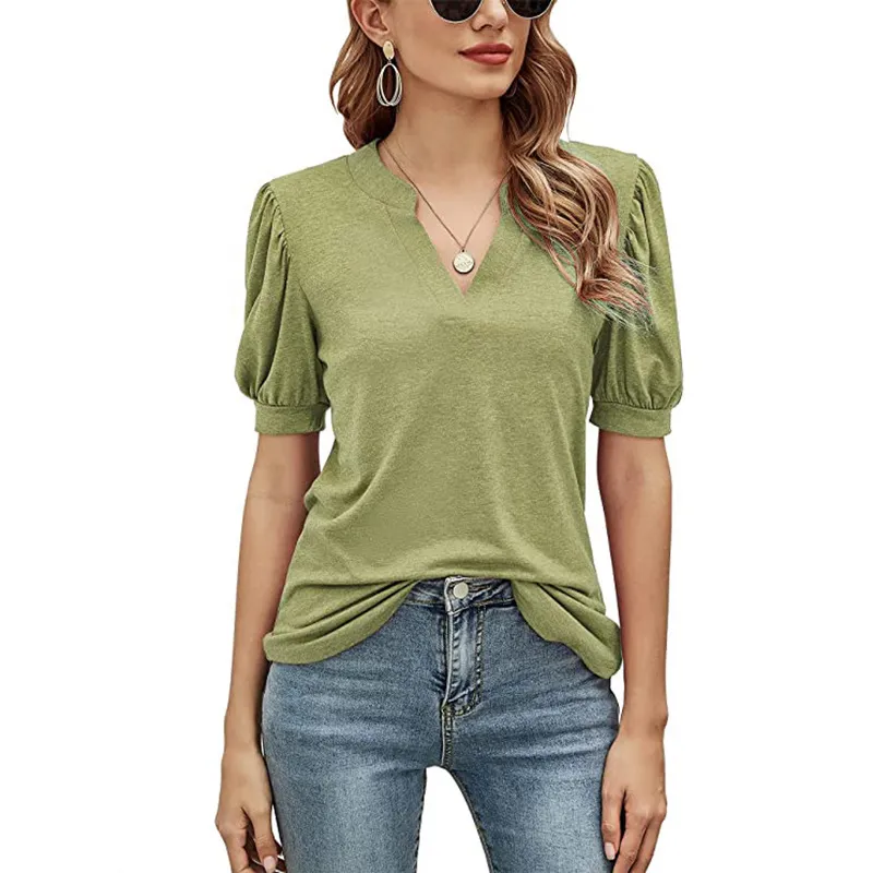 Cotton Oversized t-shirt for summer Casual v-neck T-shirt solid color puff sleeves loose crop top ladies Woman clothes