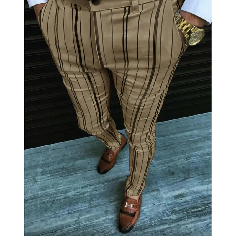 男性のための秋のビジネスカジュアルな縞模様の縞模様の鉛筆のズボン中腰部の長いストリートウェアファッションメンズスリムズボン220325