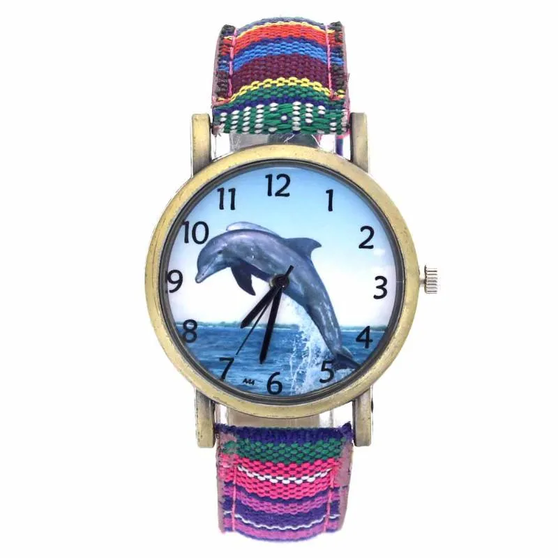 Horloges Dolfijn Patroon Oceaan Aquarium Vis Mode Casual Mannen Vrouwen Canvas Doek Band Sport Analoog Quartz Watch214V