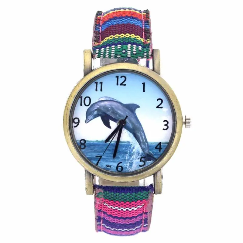 Wristwatches Dolphin Pattern Ocean Aquarium Fish Fashion Casual Men Women Canvas Cloth Strap Sport Analog Quartz Watch345m
