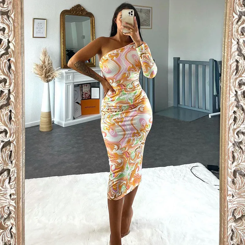 Cnyishe high street tryckt en axel midi klänning kvinnor mode tie färgämne bodycon wrap höftklänningar kvinnliga sexiga kläder vestidos 220511