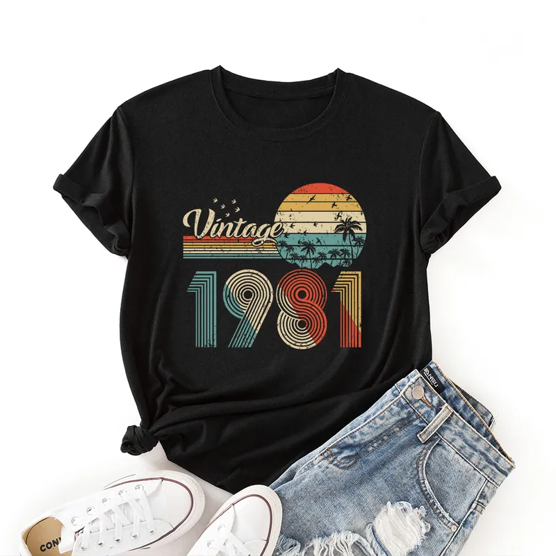 Vintage 1981 Koszula 40. urodziny Kobiety z krótkim rękawem Kolorowe Casual T-shirt Lato Graficzna Koszulki Kobiet ubrania Topy 220408