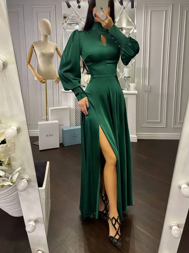 Kvinnor V-ringning Lace-up Long Party Dress Spring Autumn Solid Full Sleeve Split Ladies Dresses Elegant Streetwear Drop 220317