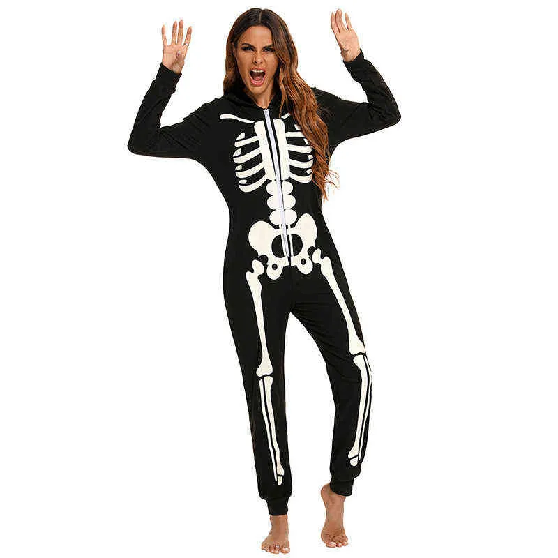 Skelet enge Familie Halloween Kostuum Volwassenen Kinderen Horror Skull Jumpsuit Hooded Fancy Vrouwen Mannen Familie Pajama Carnaval Party AA220326