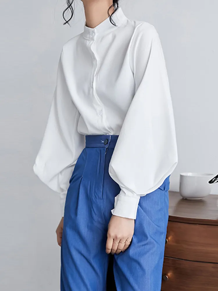 Sungtin Vintage Lantern Sleeve Blue Women Office Lady Lady Black White Chiffon Shirt Högkvalitativ lös solid Korean ol Casual Tops 220812